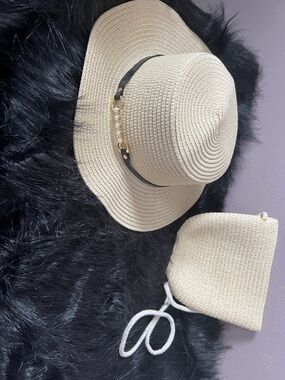 Cream Straw Sun Hat with Black Band and Pearl Accent by
